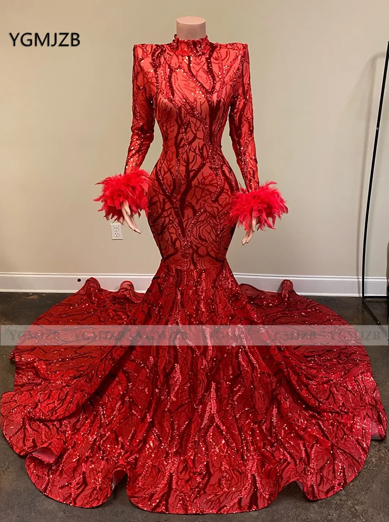 

Sparkling Sequin Women African Evening Dress Mermaid 2020 Long Sleeves with Feather Formal Dresses Evening Gown Celebrity Dress