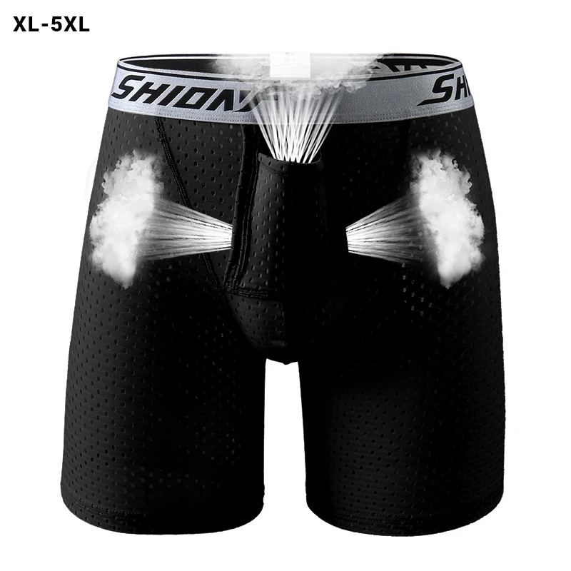 Shionf Dry Fit Mens Underpants Ice Silk Solid Fabric Smooth Underwear Extra Pouch Long Leg Boxer Plus Size for Sports Casual