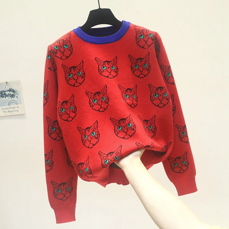 High Quality Runway Designer Cat Print Knitted Sweaters Pullovers Women Autumn Winter Long Sleeve Harajuku Sweet Jumper