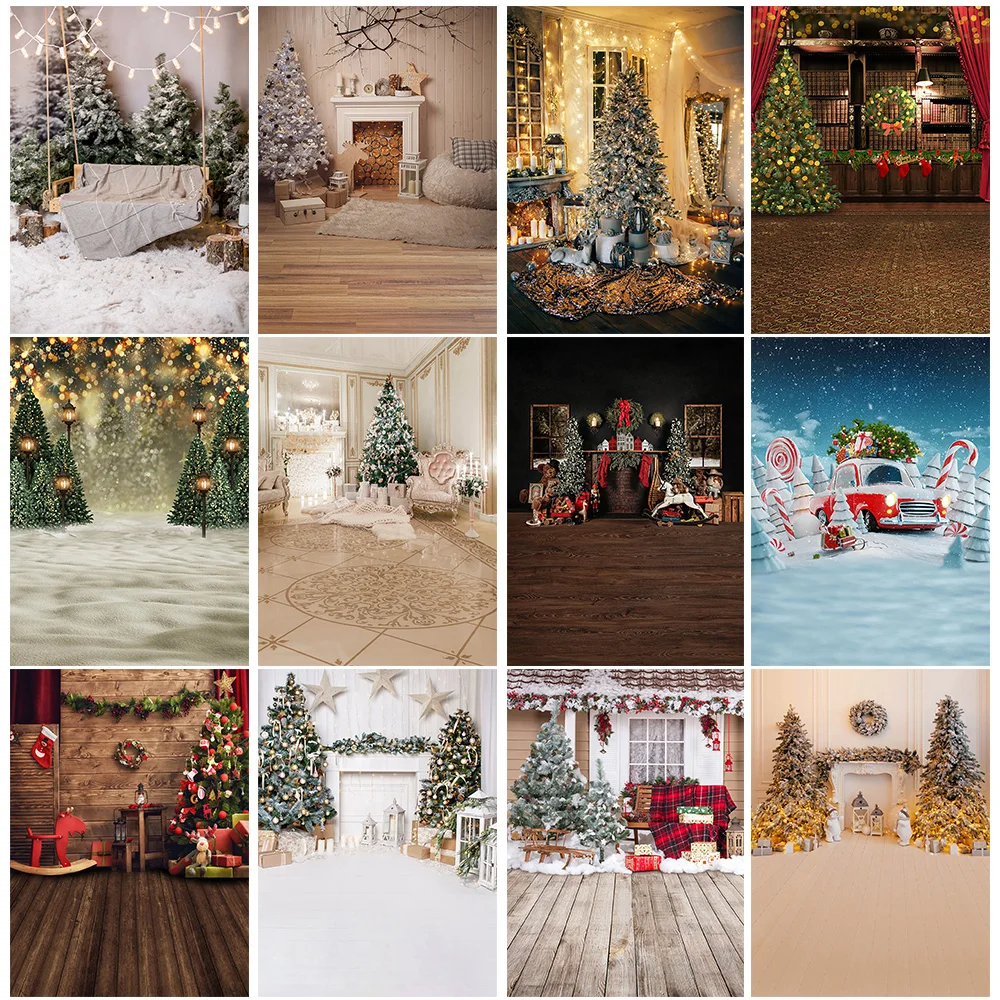 

Christmas Portrait Backdrop Photography Fireplace Winter Snow Family Party Background Decoration Living Room Christmas Trees