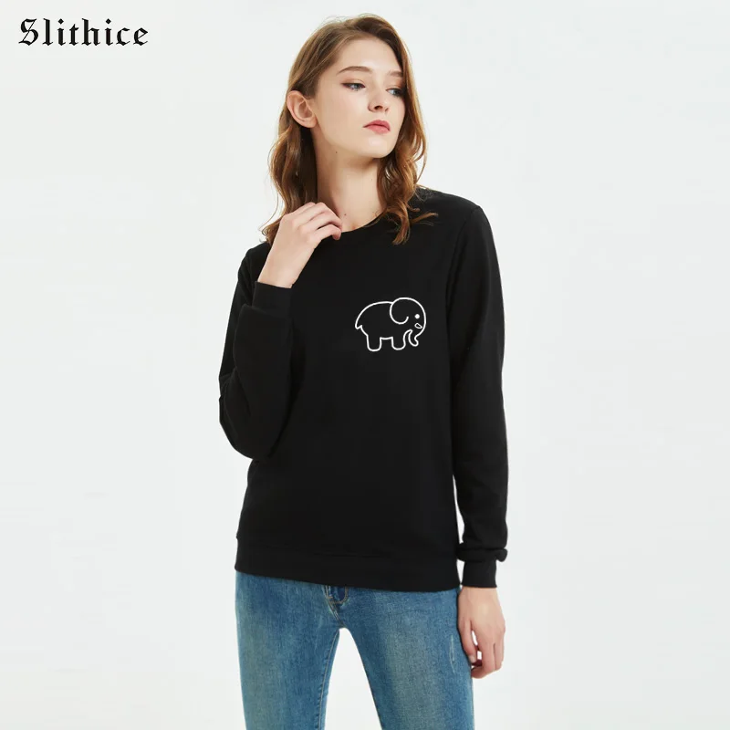 Slithice Fashion Animal Print Sweatshirts Hoody Black Women Clothes Cotton Casual Elephant Hoodies sudadera mujer streetwear