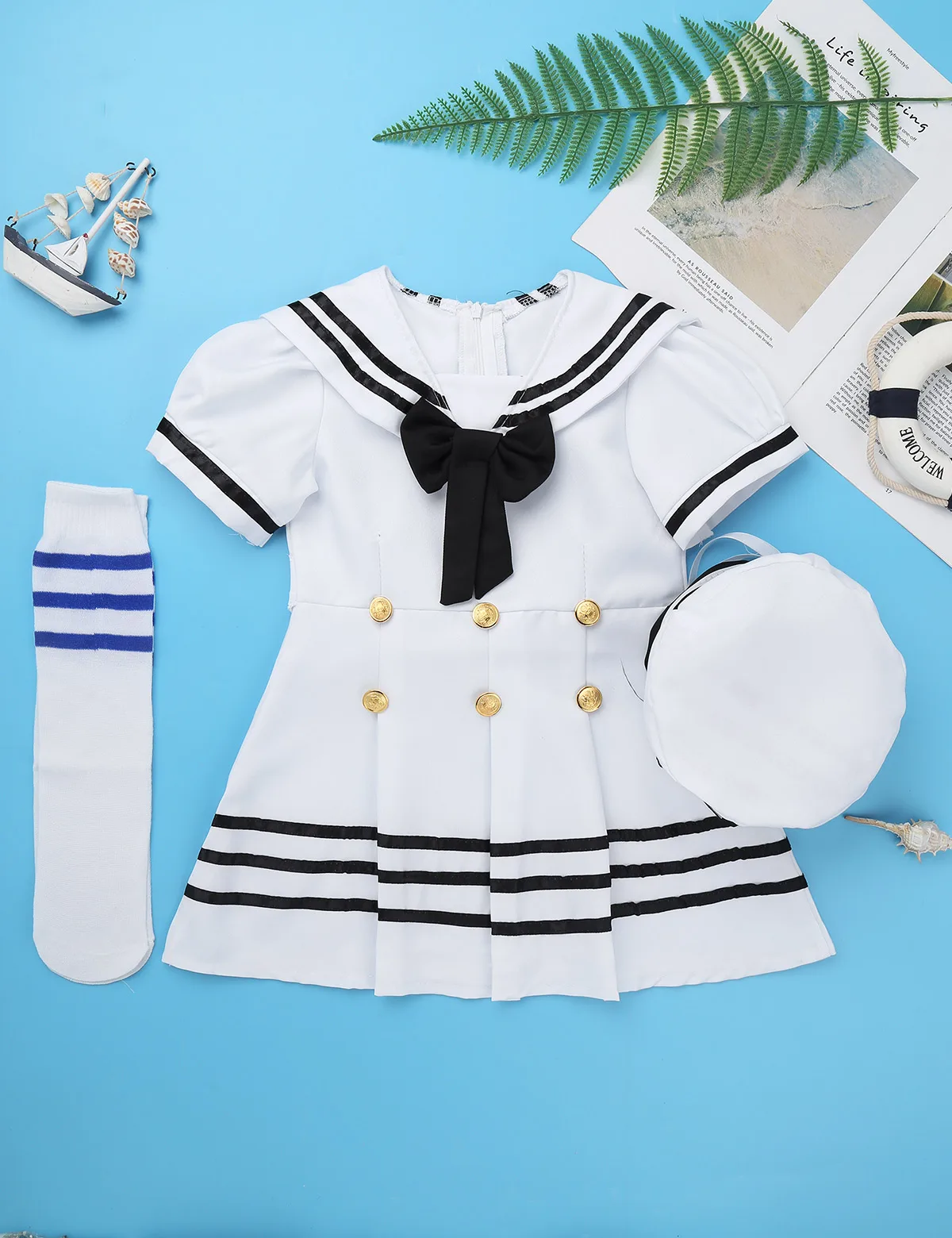 iEFiEL Kids Girls Sailor Uniform Cosplay Costume School Chorus Novelty Party Performance Dance Wear Dress with Hat Socks Set