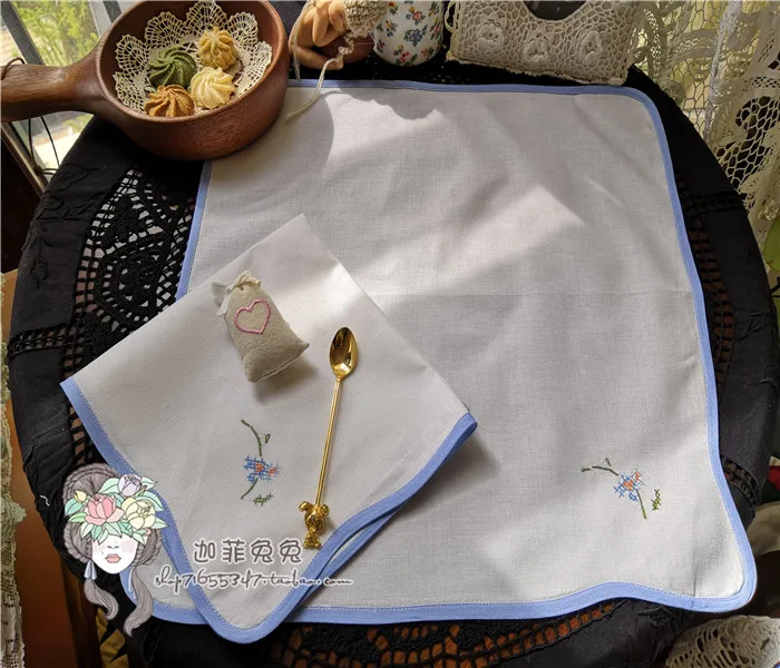 Blue edging hand-embroidered white square napkin napkin cloth cover fold flower mouth cloth