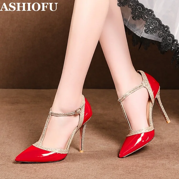 ASHIOFU Handmade New Hot Ladies High Heels Pumps J-strap Real-pics Party Dress Shoes Pointed-toe Plus Size Fashion Summer Shoes