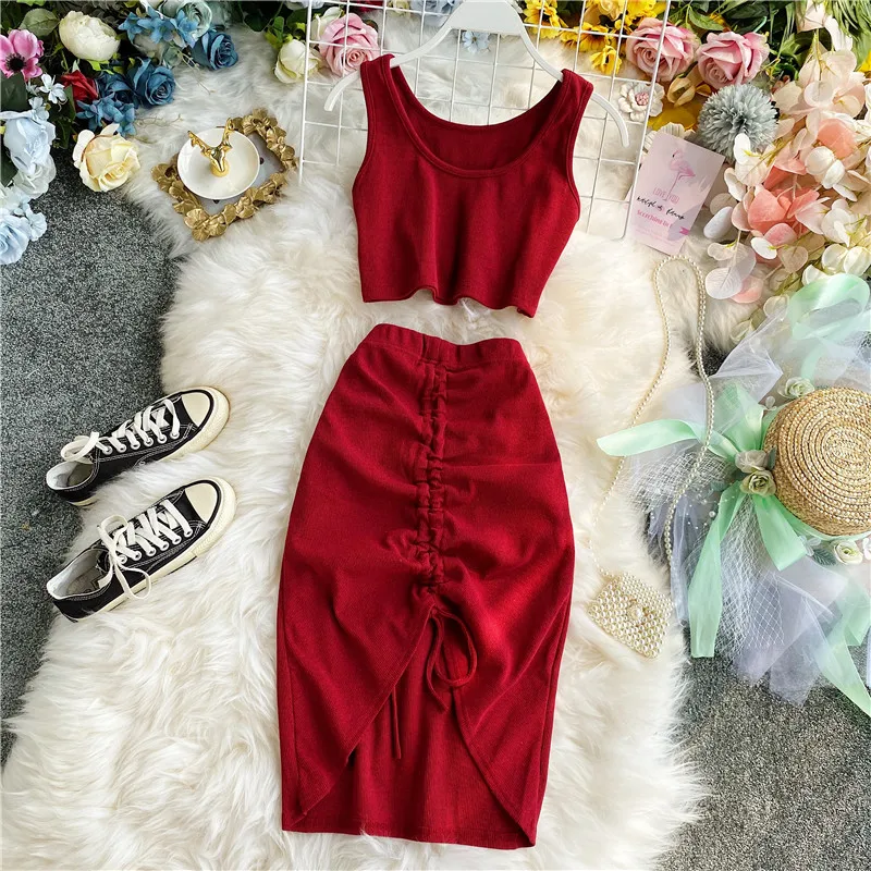 

Summer Women 2pcs Set Black/Red Vintage Round Neck Knitted Short Tops + Drawstring Bodycon Skirt Female Two Piece Set New