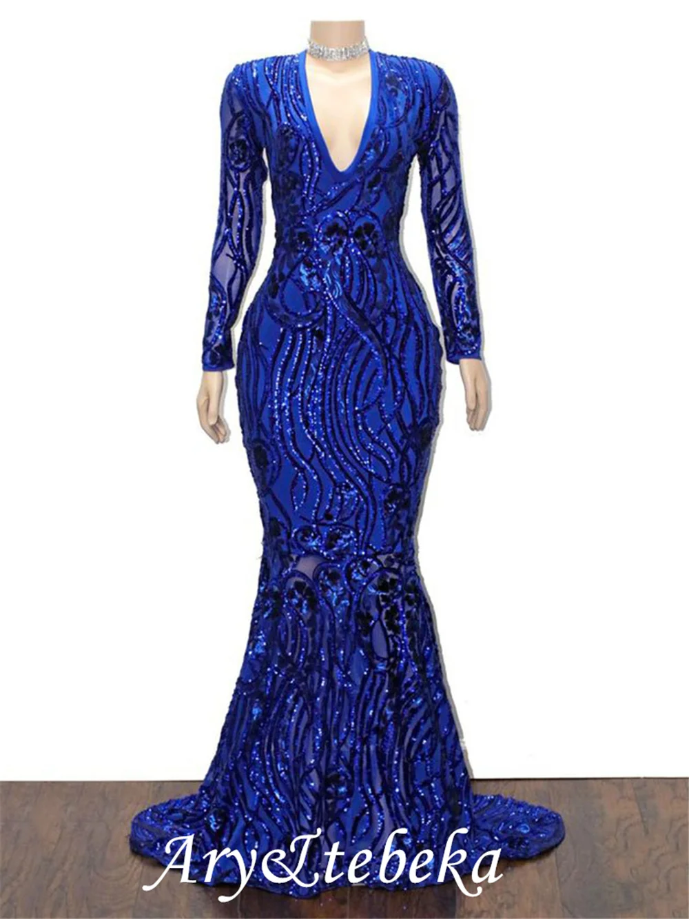 V-Neck Trumpet Floor-Length Sweep/Brush Train Long Sleeves Dark Royal Blue  Evening Dress 2022