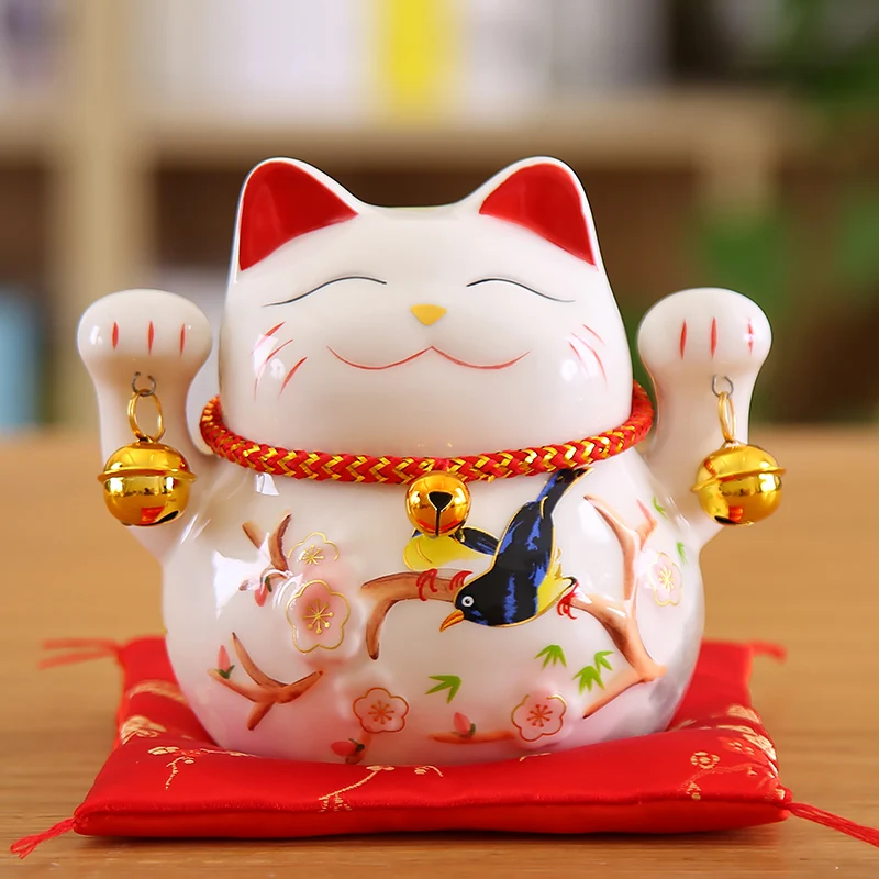 5 Inch Maneki Neko Lucky Cat Ornament Ceramic Fortune Cat Statue Home Decorative Gift Feng Shui Beckoning Cat Piggy Bank