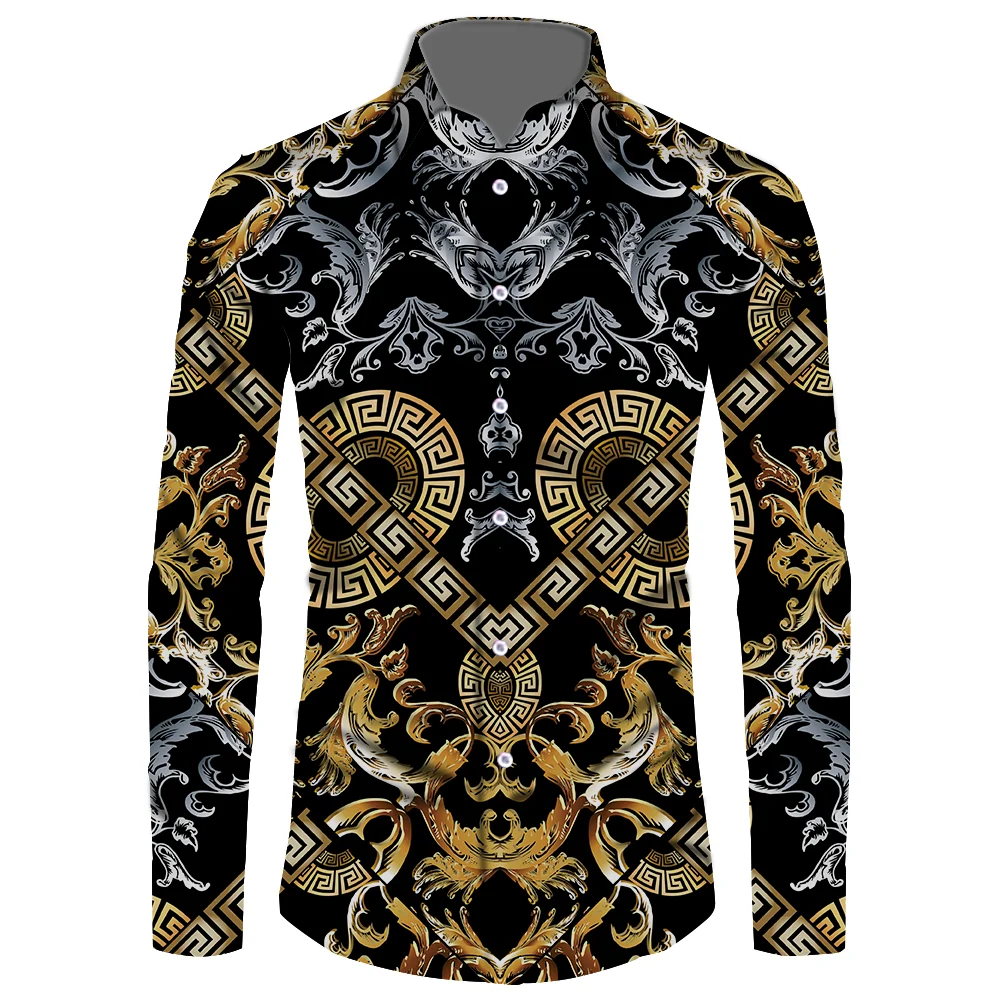 Luxury Brand Long Sleeve Shirts Men Baroque Rococo Men Dress Shirts Black Gold Casual Fashion Shirt Printed Shirts