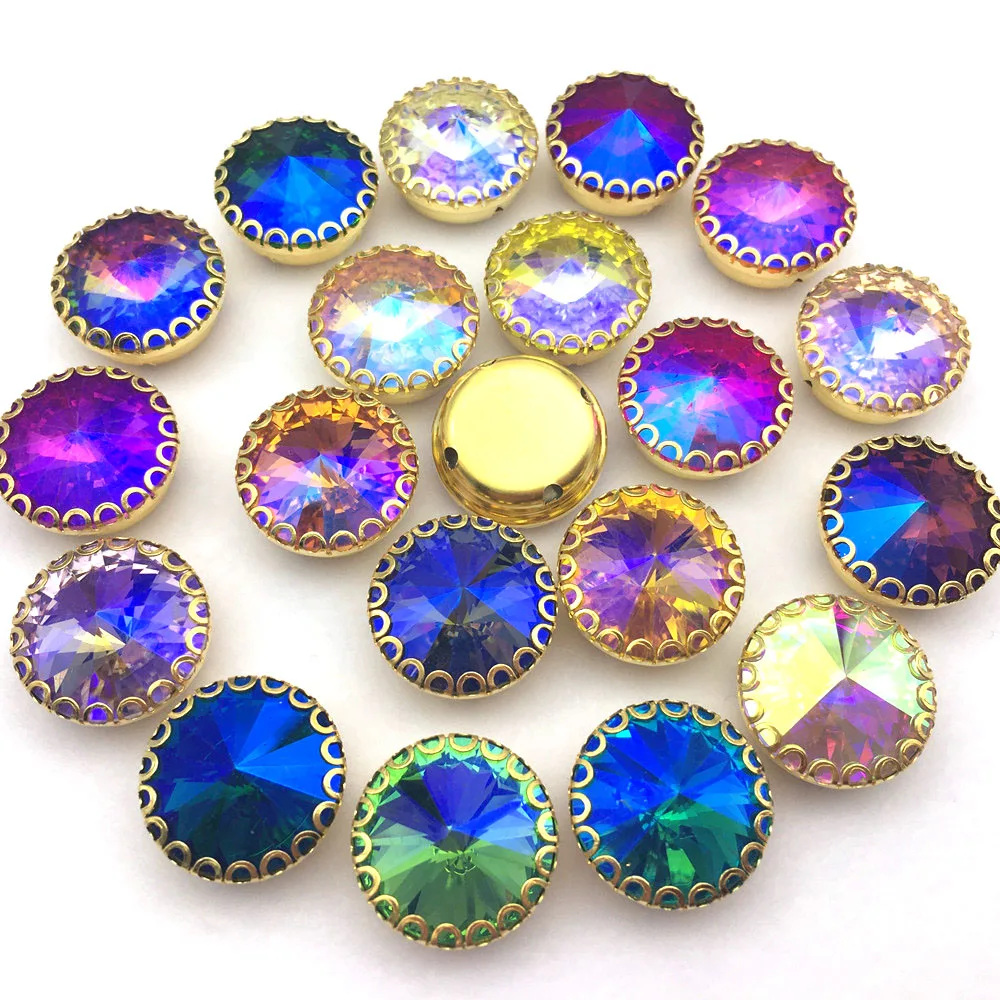 AB colors round shape strass sew on rhinestones gold base lace claw rilvoli glass crystal rhinestone Diy clothing accessories