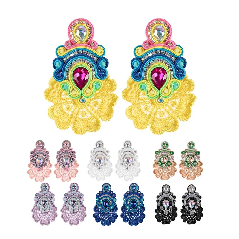 Pretty Embroidery Dangle Earrings Soutache Handmade Lace colourful women's earring Fashion fine Fairy dress collocation Jewelry