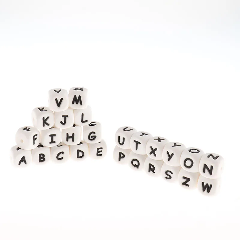 Fkisbox 200pcs Alphabet Silicone English Letters Beads Cube BPA Free Baby Teethers Personalized Name DIY Rodent Teething Pendant