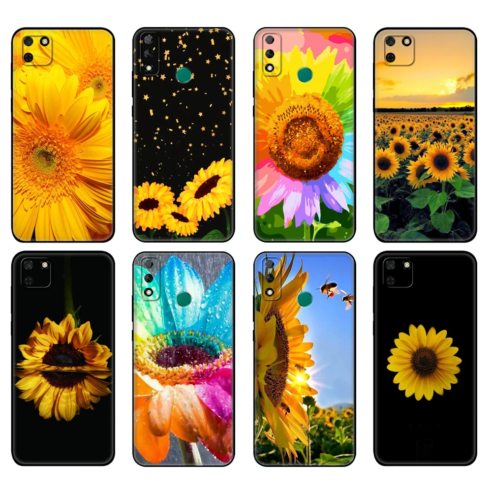 Black tpu Case For Huawei Y9S Y6S Y8S Y5P Y7P Y8P Case For Huawei Y5 lite Prime 2018 Y6 2019 Cover Colorful Sunflower