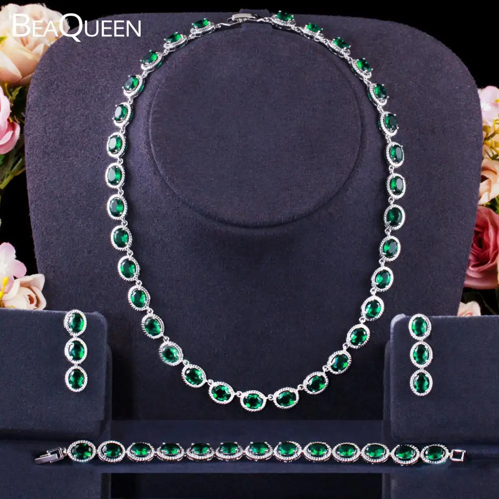 BeaQueen Exclusive Costume Jewellery Luxury Green Cubic Zirconia Necklace Earring Bracelets Party Jewelry Set for Women JS273