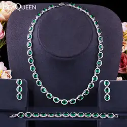 BeaQueen Exclusive Costume Jewellery Luxury Green Cubic Zirconia Necklace Earring Bracelets Party Jewelry Set for Women JS273