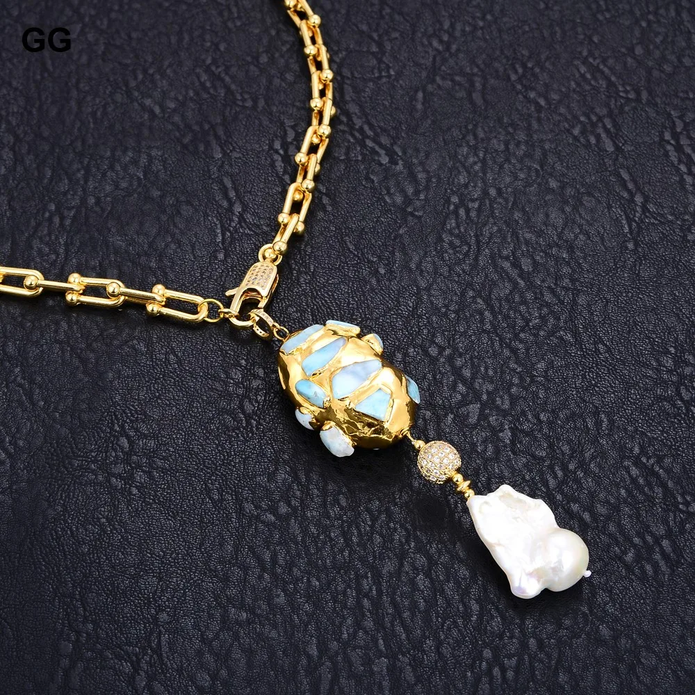 G-G Gold Color Plated Chain Statement Necklace Blue Larimar Freshwater White Keshi Pearl Pendant Necklace For Women