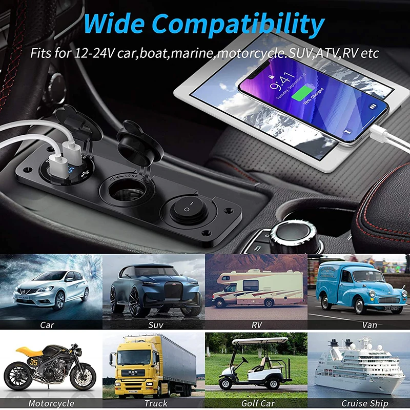 Presa Accendisigari Auto 12V Con Doppia USB QC3.0 E Voltmetro - MEIRIYFA Pannello Per Camper, RV, Nautica - 2