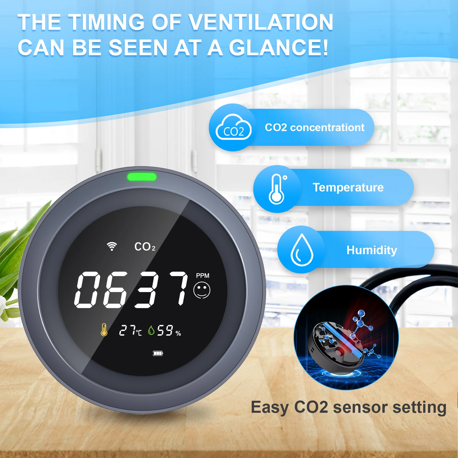 FABISENS Tuya WiFi CO2 Meter Smart Portable Carbon Dioxide Detector Air Quality Monitor Temperature Humidity Alarm Gas Analyzer