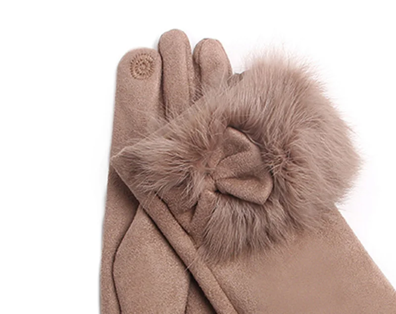 Winter Female Suede Leather Bow Plush Wrist Mitten Women Thick Plus Plush Windproof Warm Touch Screen Driving Gloves J22