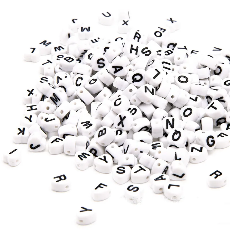 Wholesale 4*7MM 3200PCS/Lot Mixed A-Z White with Black Printing Heart Shape Plastic Acrylic Alphabet Letter Spacer Beads