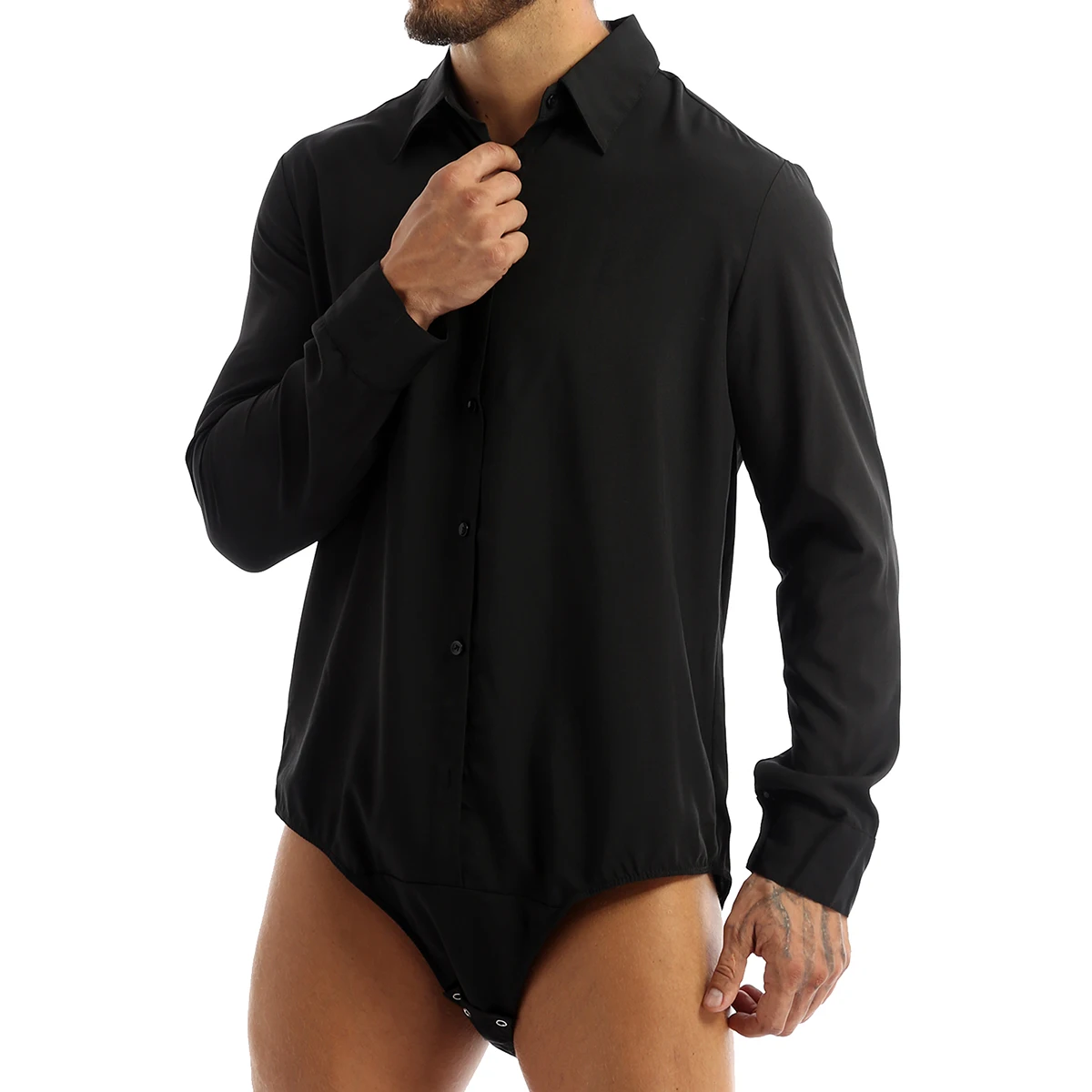 Mens Long Sleeve Casual Bodysuit Shirts Elegant One-piece Romper Bodysuit Stretch Leotard Body Tops Clothes Button Crotch Shirt