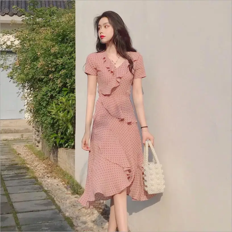 

Retro French Wrap Dress 2020 Summer New Fresh Polka Dot V-neck Romantic Ruffled Print Dress Fashionable Temperament