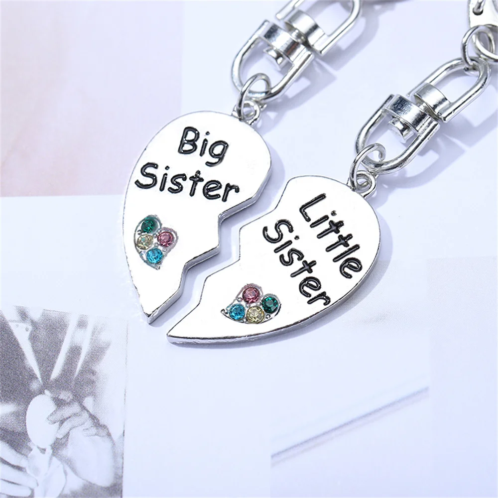 2 Pcs-Set Luxury Big Sister Little Sister Keychain Love Heart Crystal Zinc Alloy Couples Party Jewelry Accessories Gift