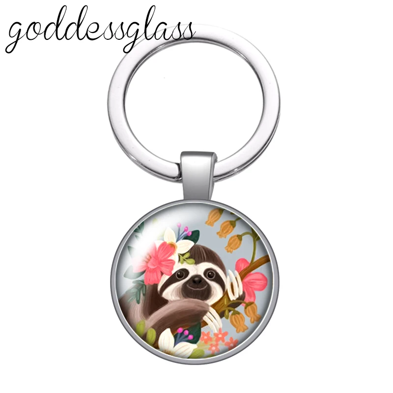 Cute sloth Flowers Drawings bradypod glass cabochon keychain Bag Car key chain Ring Holder Charms keychains gift