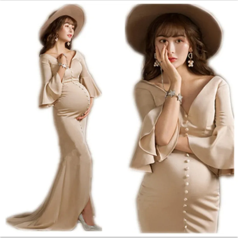 Light Beige Pregnancyformal Party Wedding Clothes Dress+hat Two-pieces Set Maternity Photography Props Mermaid Dress for Women