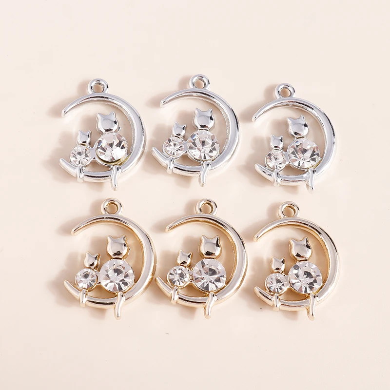 Leslie 10pcs 16*22mm Gold Silver Color Mum Son Crystal Cat Moon Charms for Necklaces Earrings Jewelry Making Accessories