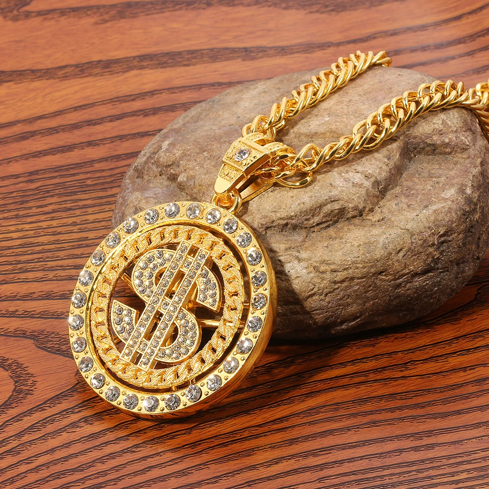 US Dollar Money Hip Hop Pendant Necklaces Luxury Gold Sliver Color Long Chain Rotating Necklace Rapper Men Women