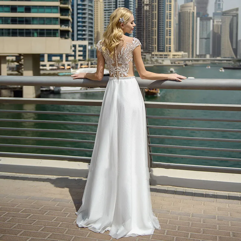 Beach Chiffon Wedding Dresses 2024 High Split O-neck Crystal Short Cap Sleeves Bridal Gowns Summer Floor Length Robe De Mariee