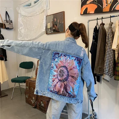 Women Denim Jacket Coat Diamonds Hole Floral Appliques Embroidery Female Spring Autumn Casual Loose Cowboy Outwear