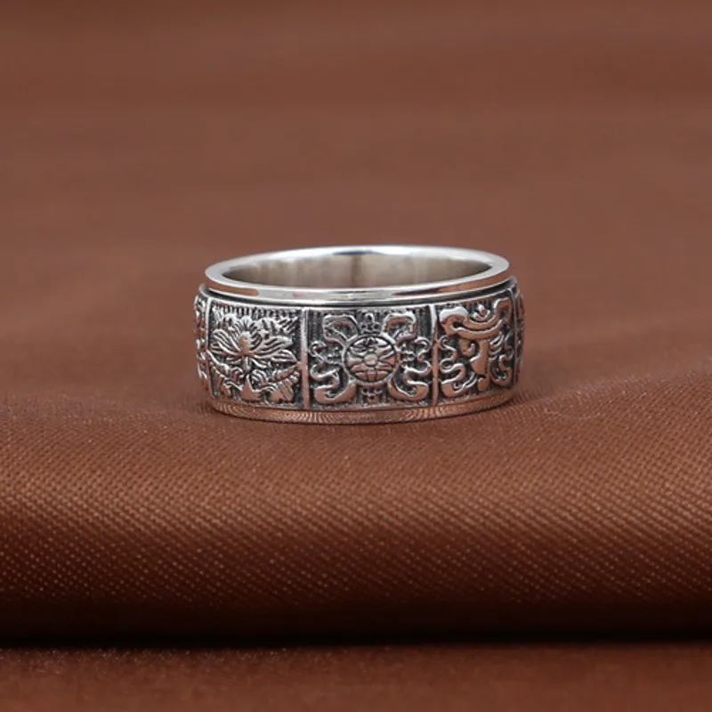 S925 real silver ring for men and women Buddhist eight treasures auspicious Thai silver personality can turn men and women rings