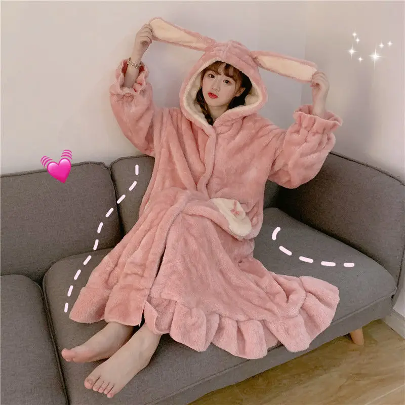 Robes Women Printed Big Heart Pockets Rabbit Ears Flannel Velvet Warm Thickening Soft Loose Homewear Fashion Sweet Kawaii Pink