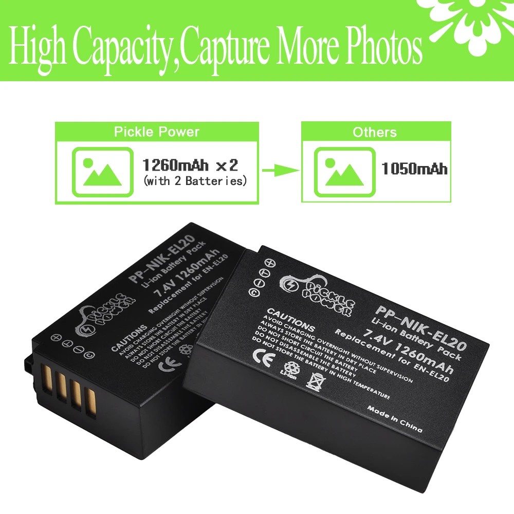 1260mAh Camera Battery EN-EL20 EN EL20 EN EL20a + LED Dual USB Charger for Nikon Coolpix P1000 Nikon1 J1, J2, J3 Nikon1 AW1