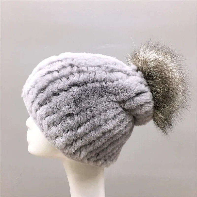 

Lady Winter Real Rex Rabbit Fur Hats Women Warm Knitted Fur Cap with Genuine Fox Fur Top H10