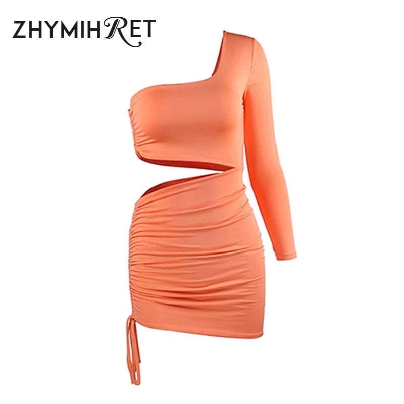 ZHYMIHRET  Fashion Fall One Shoulder Dress Women 2023 Sexy Ruched Waist Hollow Out Dresses Long Sleeve Vestido De Festa Longo