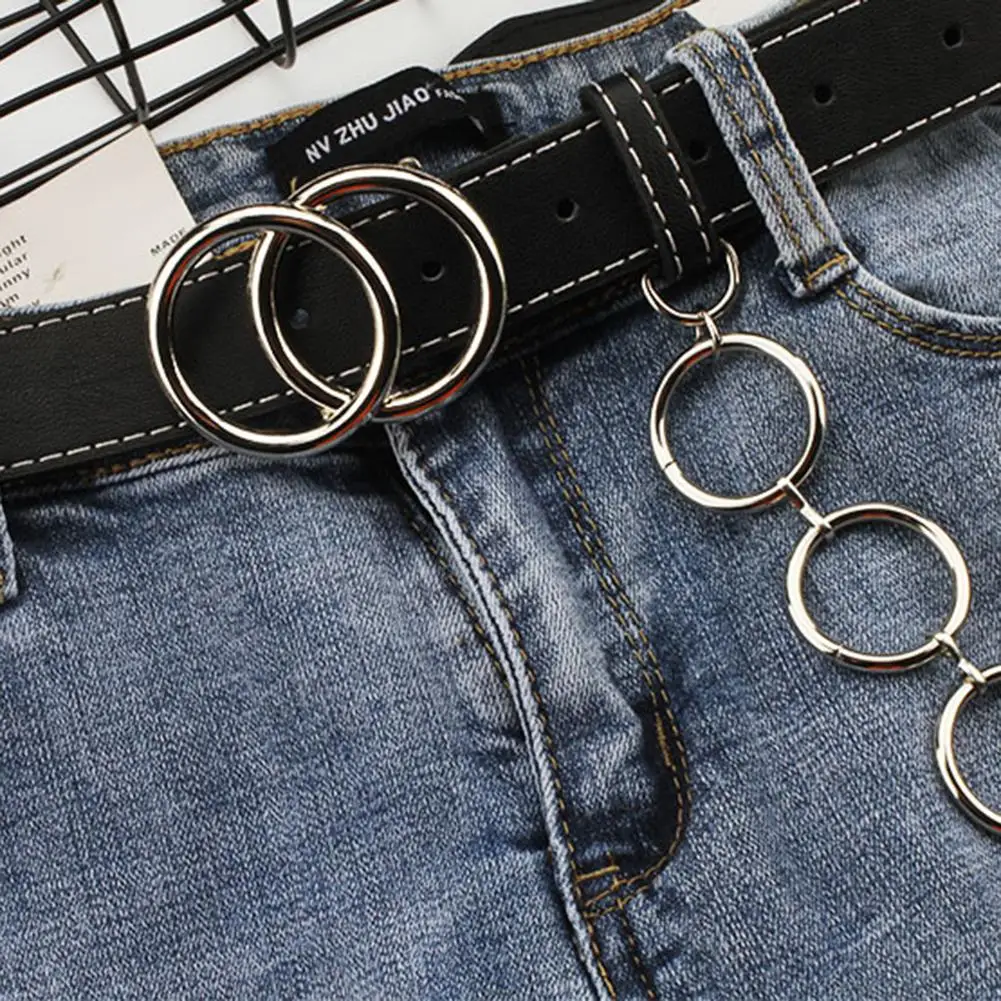 Pu Leather Belts Multi Ring Silver Pin Buckle Metal Waistband Women Jeans Punk Hook Trousers Chain Adjustable Fashion Belt Black