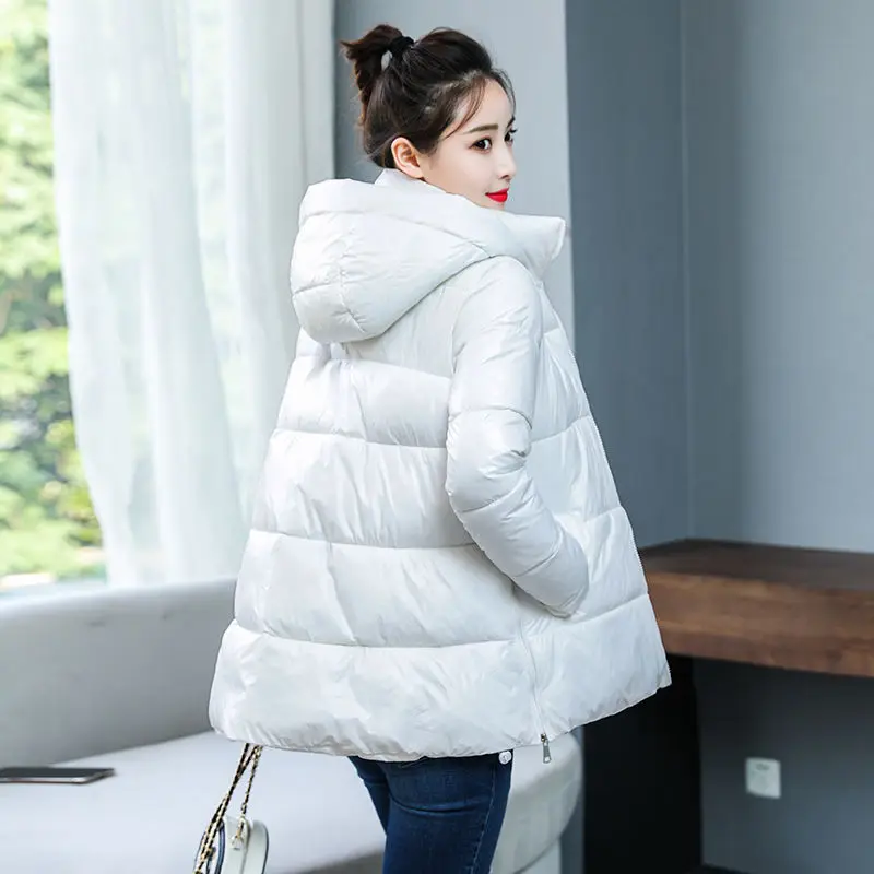 2019 Winter Jacket Women Short Glossy Down Jackets Cotton Padded Parkas Hooded Bright Shiny Warm Thick Parkas Female Coats