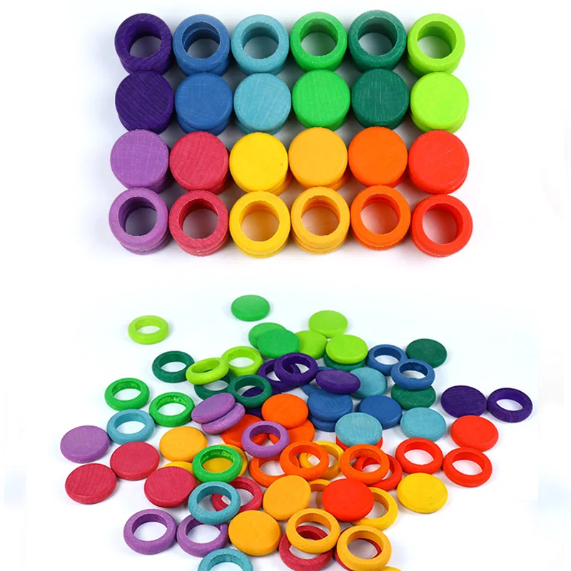 

Wooden Toys Beech Rainbow Coins and Rings Stackable Montessori toys Nature Loose Parts Creative Toys 12 colors