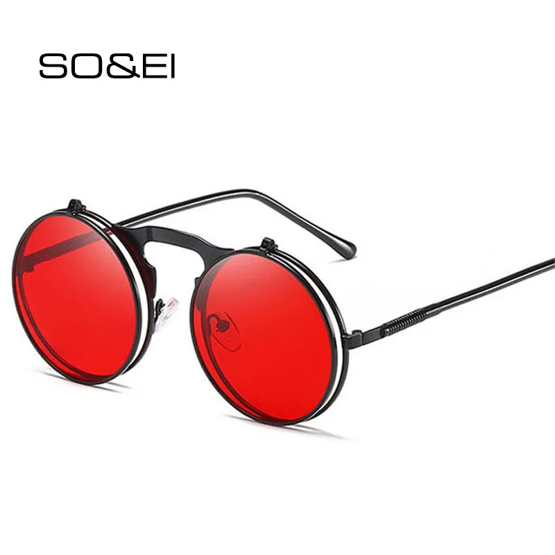 SO&EI Fashion Round Flip Separable Lens Steampunk Sunglasses Women Vintage Metal Frame Outdoor Goggles Men Sun Glasses Shade