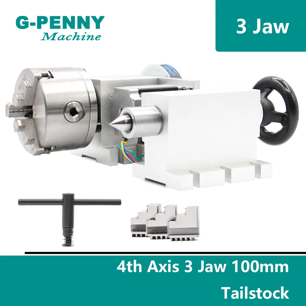 CNC 4th Axis 3Jaw100mm chuck CNC dividing head RotationTailstock NEMA23 stepper motor for CNC engraver woodworking machine