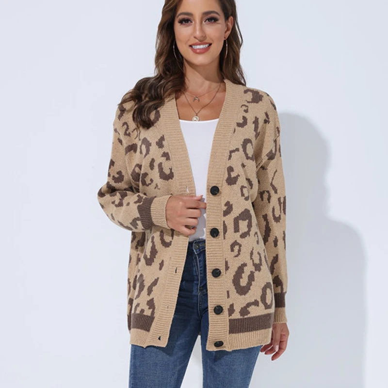 Women Cardigan Sweater Long Sleeve Casual Loose Jumper 2021 Korean Style Autumn Winter Leopard V-Neck Knit Ladies Cardigan Coat