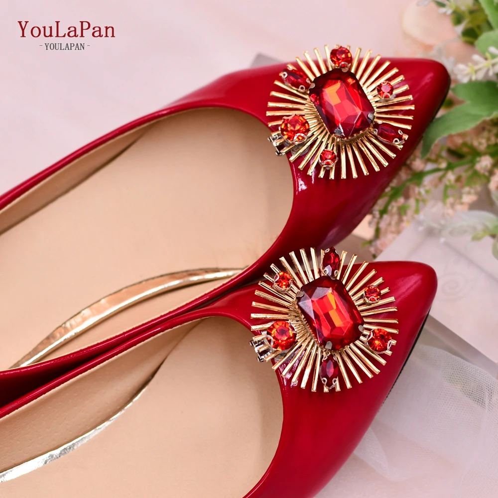 YouLaPan X45 1Pair Women High Heel Decoration Bridal Shoes Buckle Red Removable Rhinestone Shoe Clips Round Bridal Shoe Clips