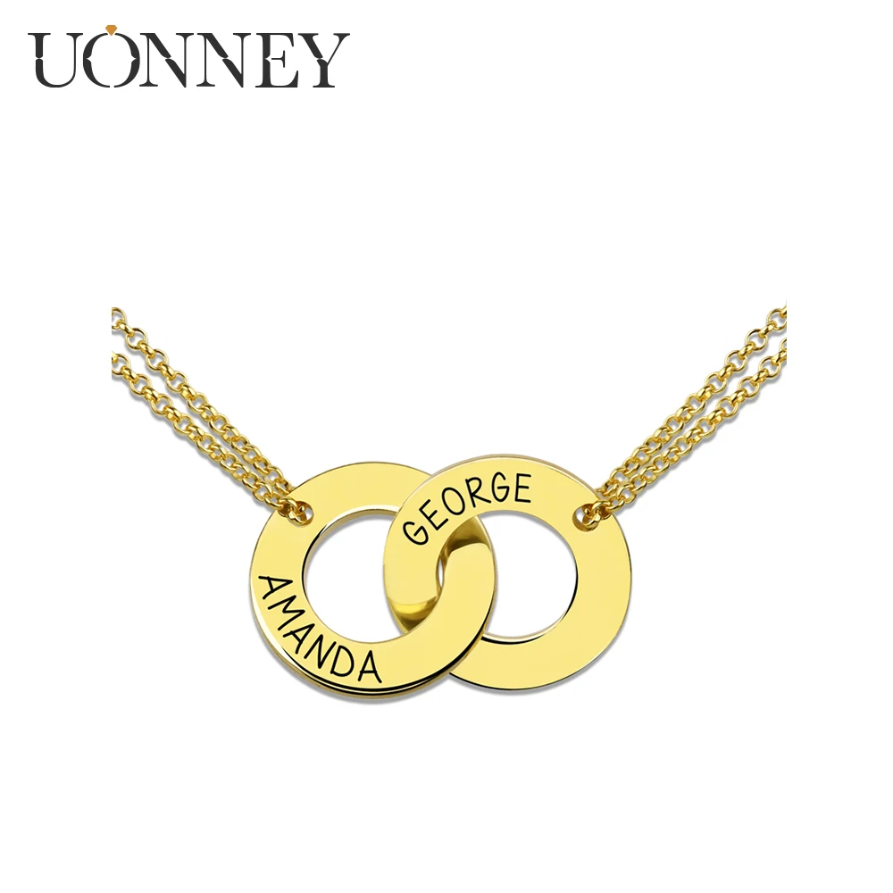 

UONNEY Dropshipping Two Circle Name Pendants Gold Color Intertwined Necklace Silver 925 Fine Jewelry for Couple Lover Women 2021