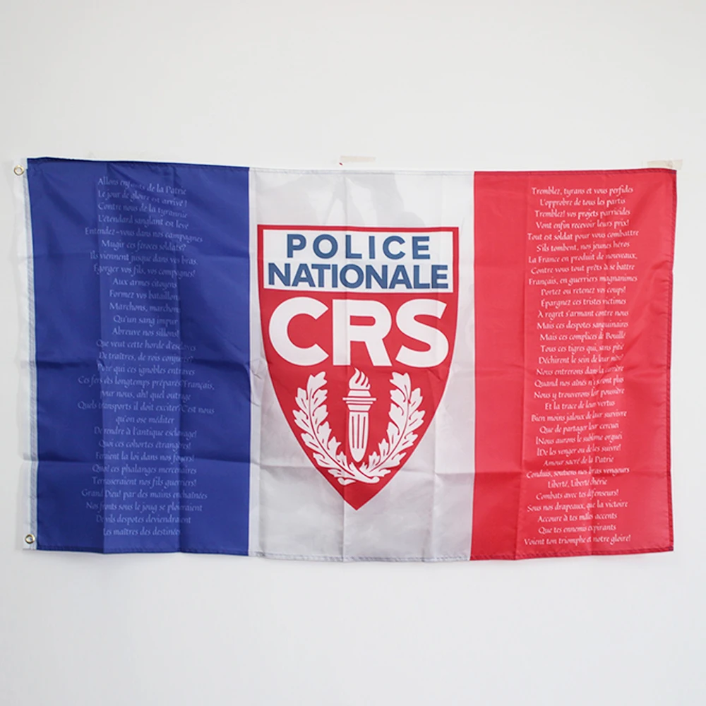 France Flag with the National Anthem of Marseille and the National Police Coat of Arms CRS 100D Polyester 3x5Ft 90x150cm Banner