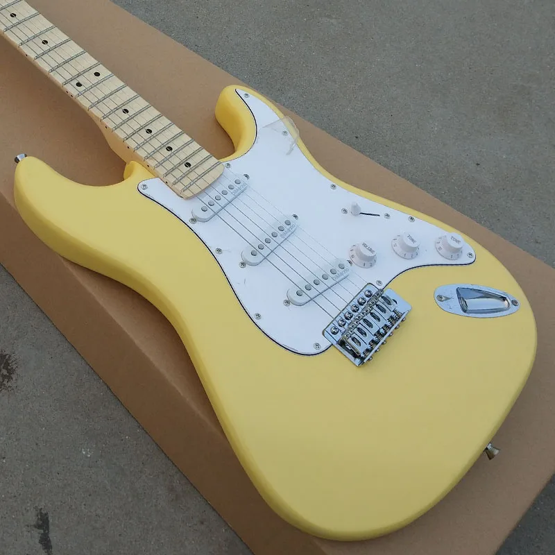 Custom guitar shop, 6-string electric guitar, basswood main body with maple fingerboard, cream yellow bright paint, free deliver