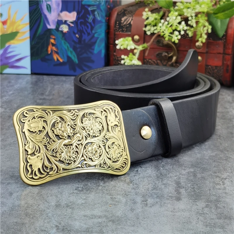 Luxury Carving Flower Brass Belt Buckle Men\'s Belt Ceinture Top Thick Geunine Leather Belt For Men Wide Trouser Belt Men MBT0031