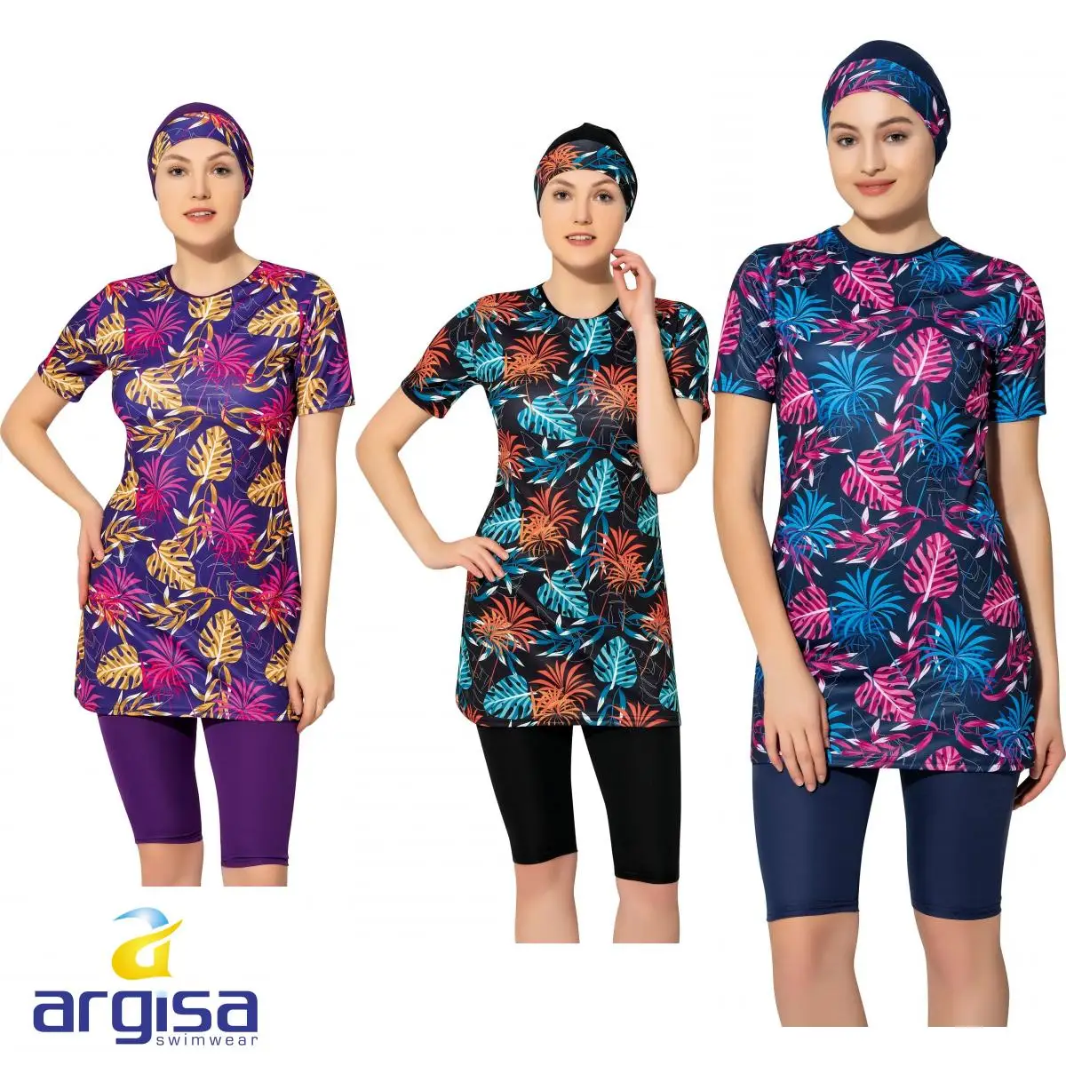 Argisa 7830 Mezza Manica Foglia Patterned Semi Burkini Abbigliamento Spiaggia Per Musulmani 38-52 più il Formato Hijab Islamico Costume Da Bagno di