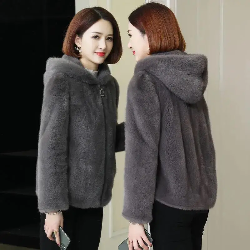 Winter Women Faux Fur Warm Hooded Coat Zipper Plush Jackets Outerwear Woman Clothes Soft Furry Autumn Oversize